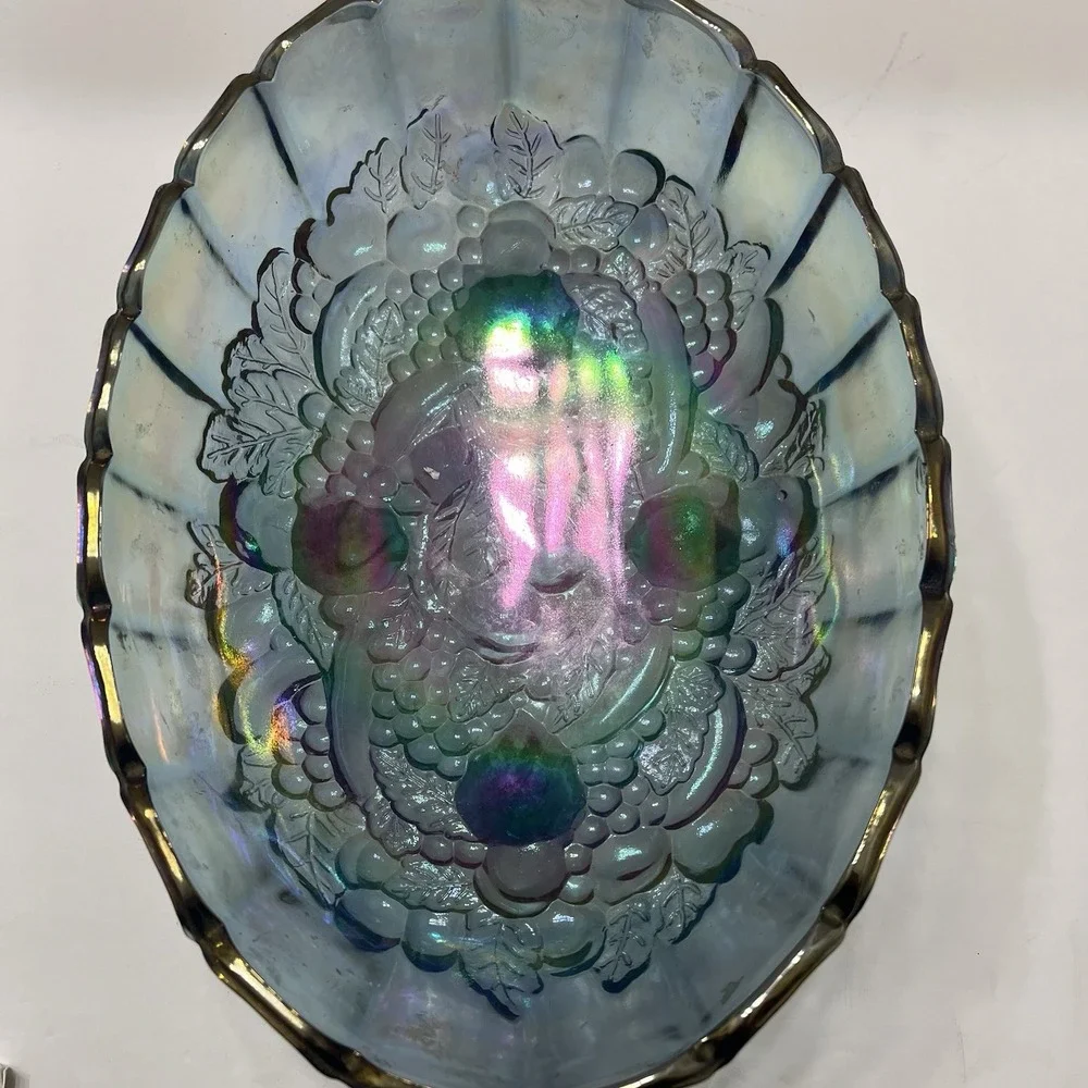 Indiana Glass Iridescent Blue Harvest Carnival Grape Fruit Bowl Footed Vintage